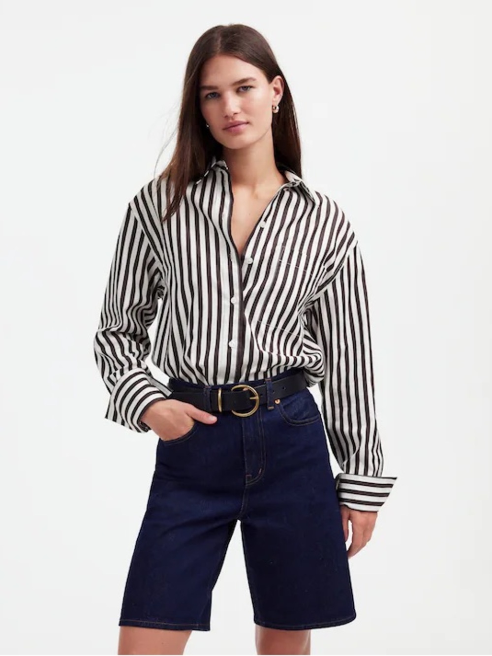 Madewell Women’s Relaxed Button-Up Shirt Dark Carob Brown & White Stripes Size S